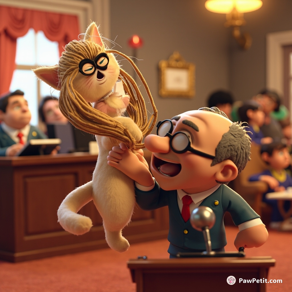 In a bizarre twist, a cat is celebrated as a hero for nimbly catching a politician's wig mid-speech, a paw-some act of courage.