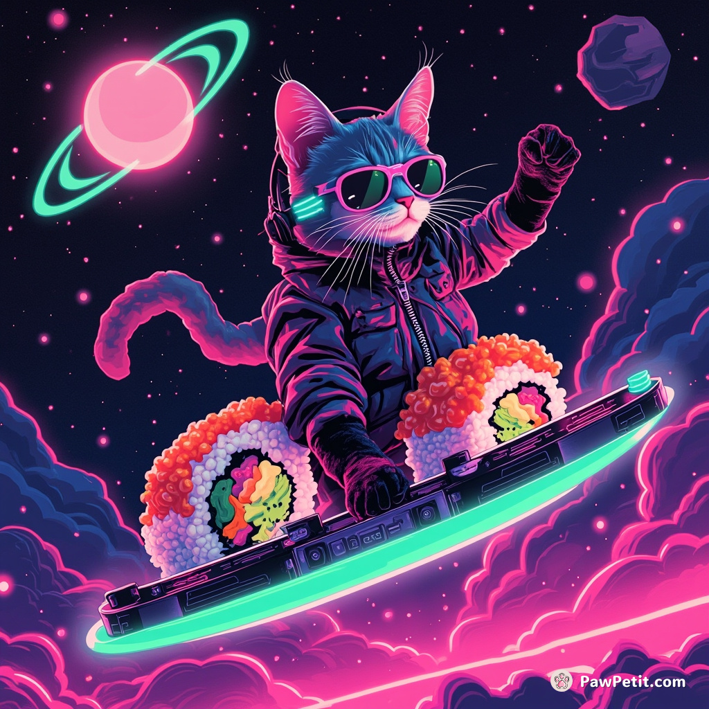 Cyberpunk cat DJing on a neon sushi roll in zero gravity space.