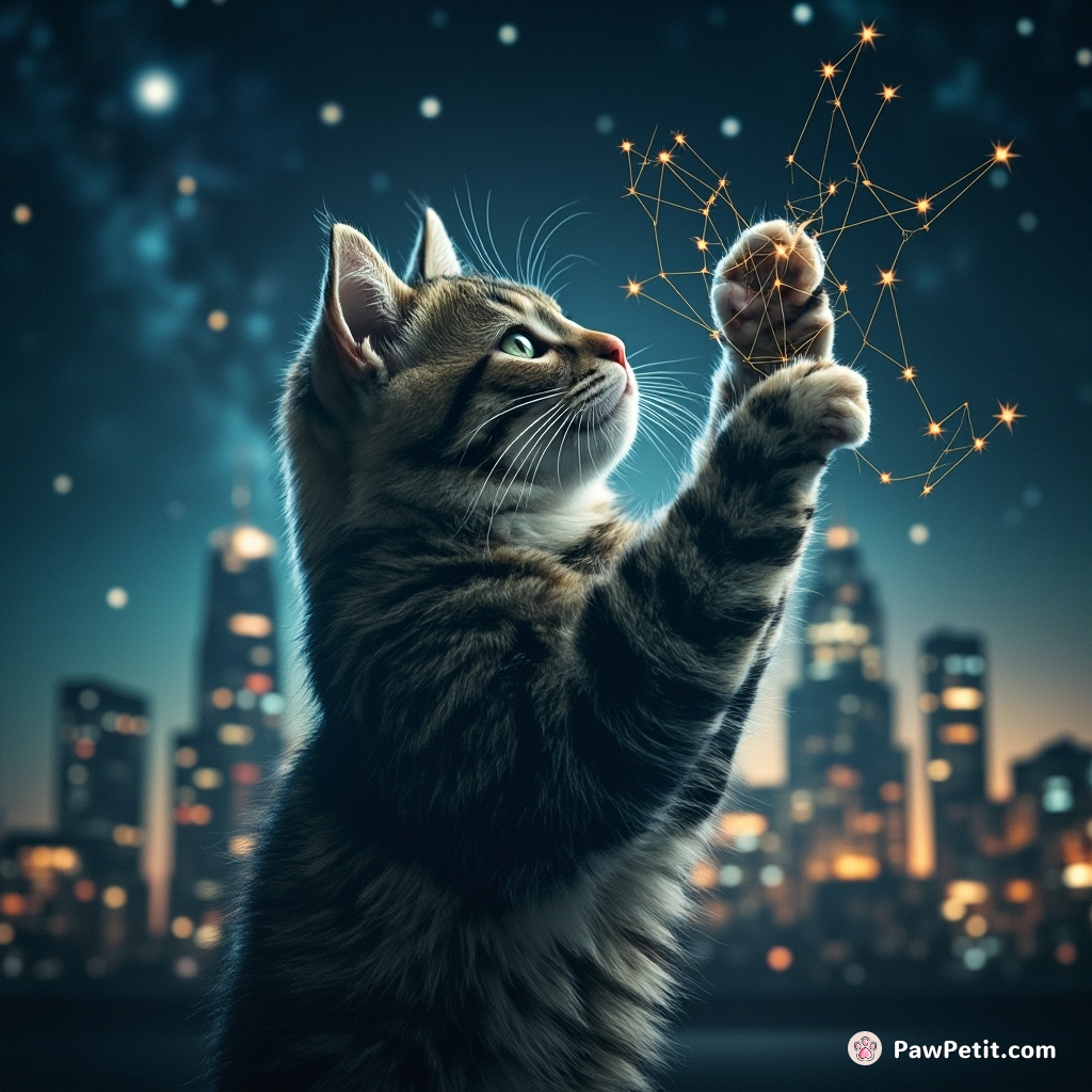Cat shaping constellations with its paws in a vast cosmic metropolis skyline.