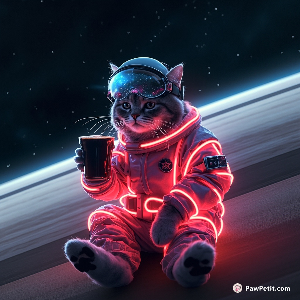 Cat in a neon astronaut suit sipping espresso on the rings of Saturn, with shooting stars reflected in steampunk goggles.