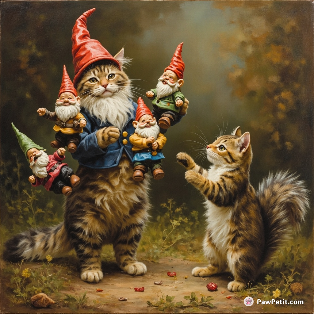 Cat juggles garden gnomes, playful squirrel distracts; unpredictable chaos ensues. Gnome fumbles reveal secret underbelly of squirrel espionage.