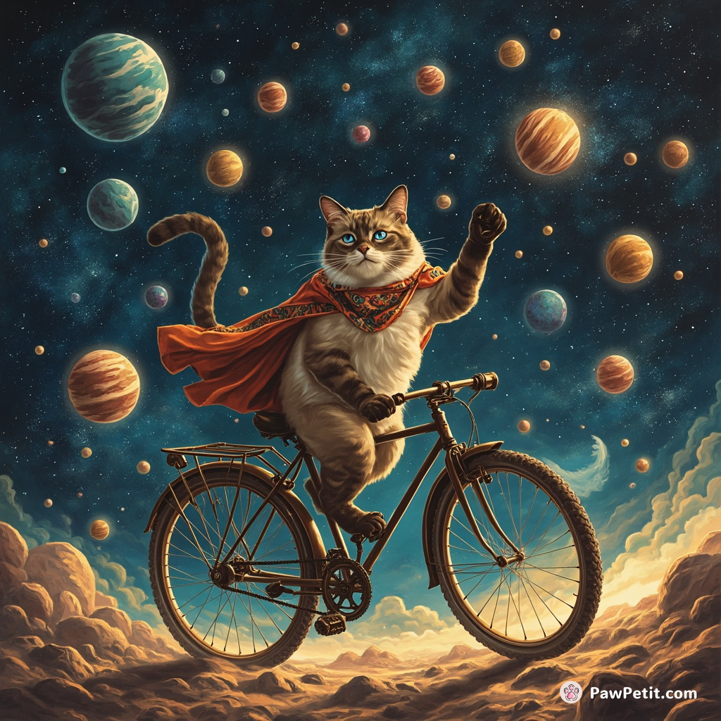 A Siamese cat bicycling on the asteroid belt while juggling seven galaxies.