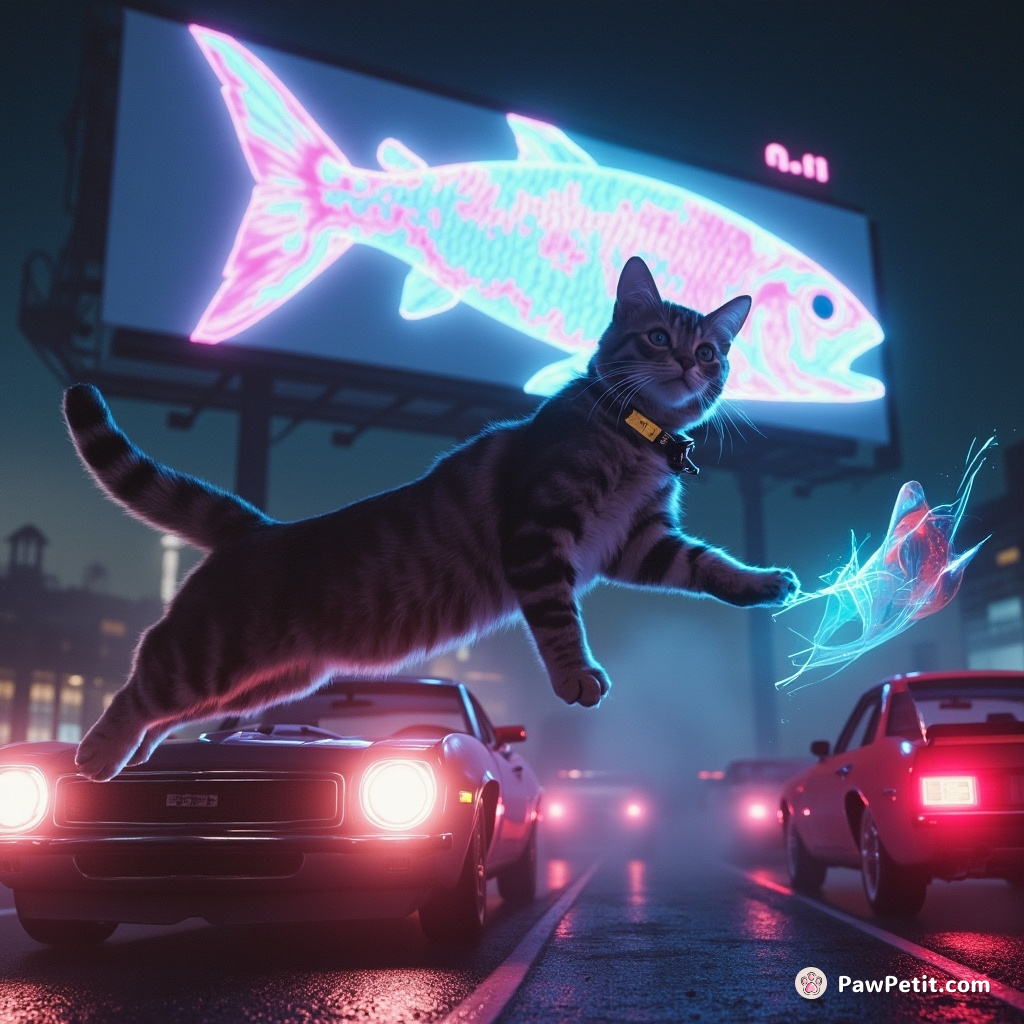A cat leaps between levitating cars, claws outstretched, catching a holographic fish projected from a billboard.