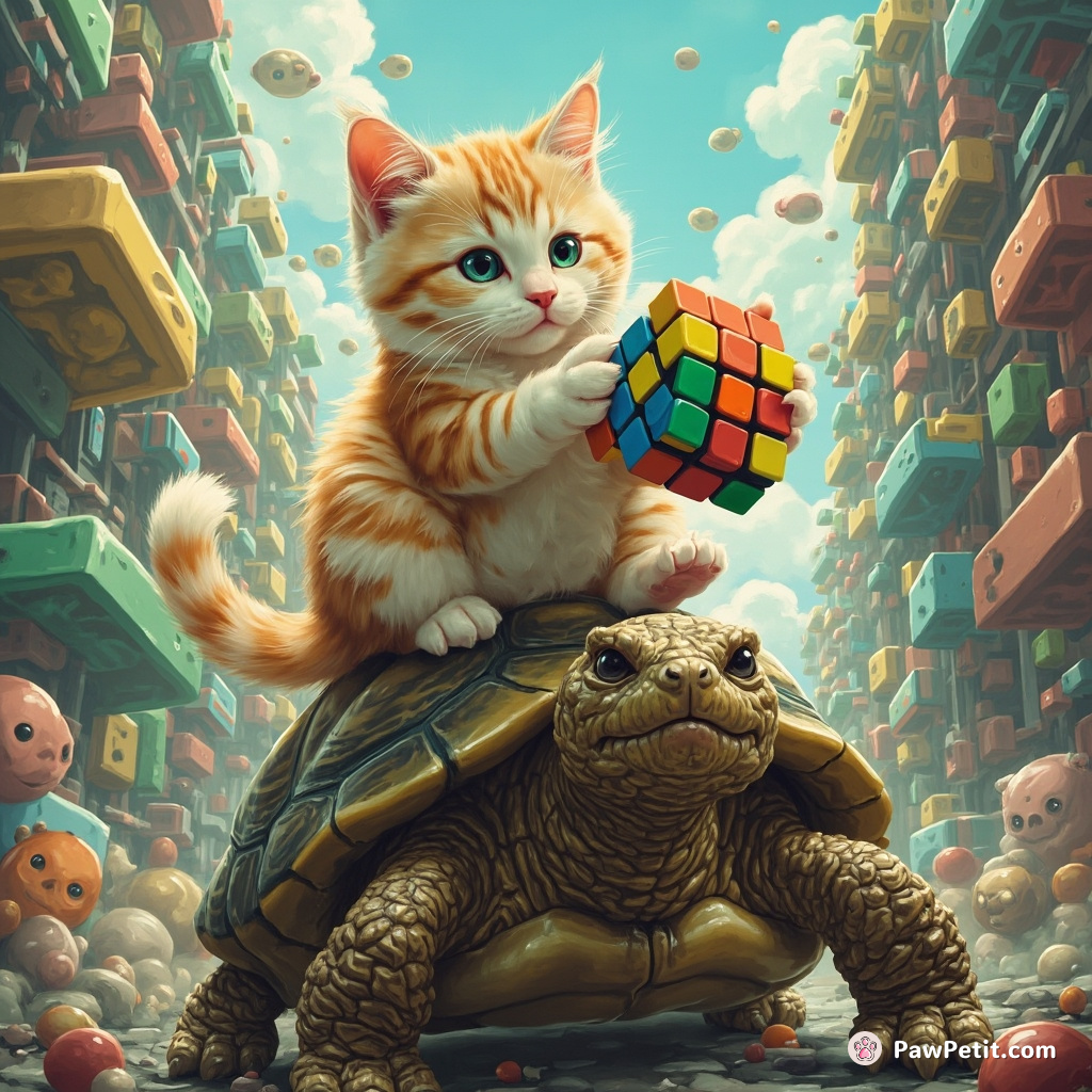 Cat solving a rubik's cube while balancing on a grumpy turtle in a bustling alien cityscape.