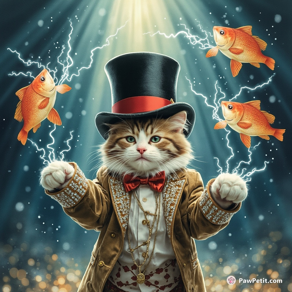 A theatrical cat wearing a diamond-encrusted top hat, winking while juggling four electrified fish in an undersea stage-lit auditorium.