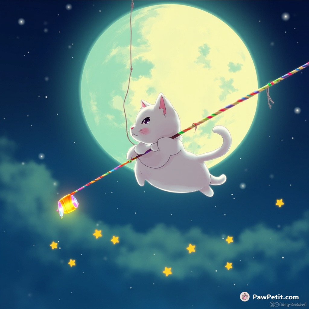 A cat swinging from a luminescent moon, fishing for stars with a rod made of rainbow candy.