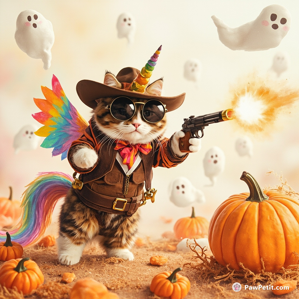 Cat dressed as a rainbow unicorn sheriff firing cinnamon roll bullets at floating ghost marshmallows in zero gravity pumpkin patch.