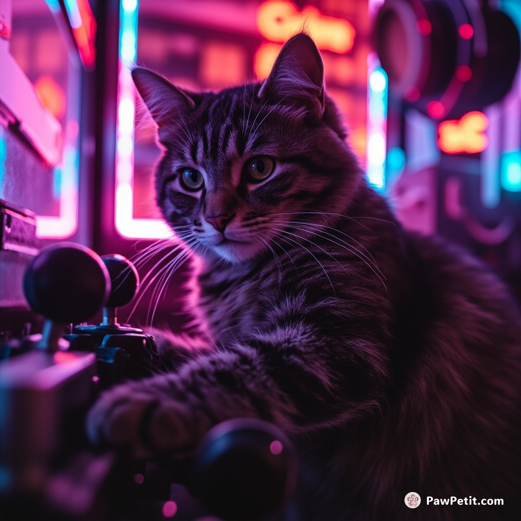 In an absurd hulk of alien tech, the resident tabby expertly manipulates levers designed for human hands.