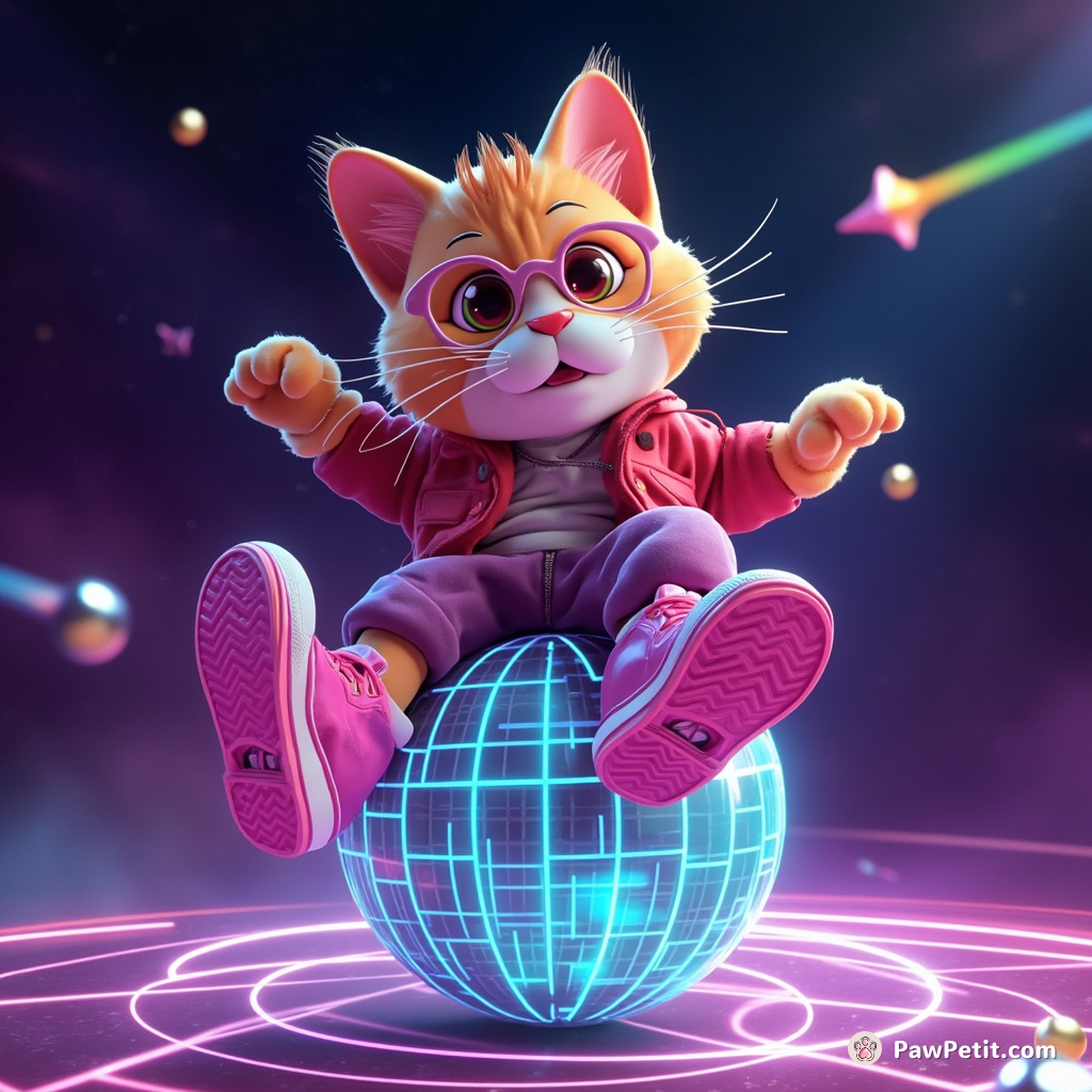 A cat wearing neon sneakers breakdancing on a disco ball floating in outer space.