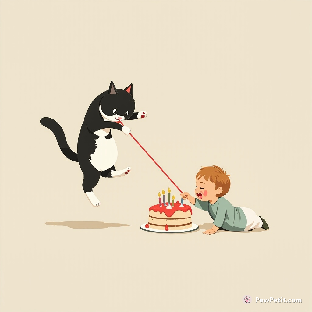 Cat leaps for laser dot, lands on birthday cake, frosting paws swipe a toddler's face.