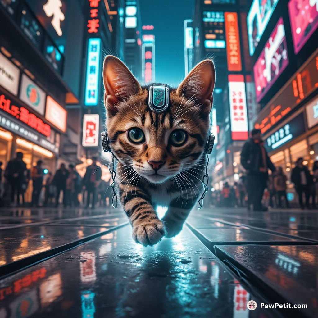 In a neon-lit megacity, an agile cybernetic cat effortlessly traverses crowded levitating streets through advanced holographic illusions.