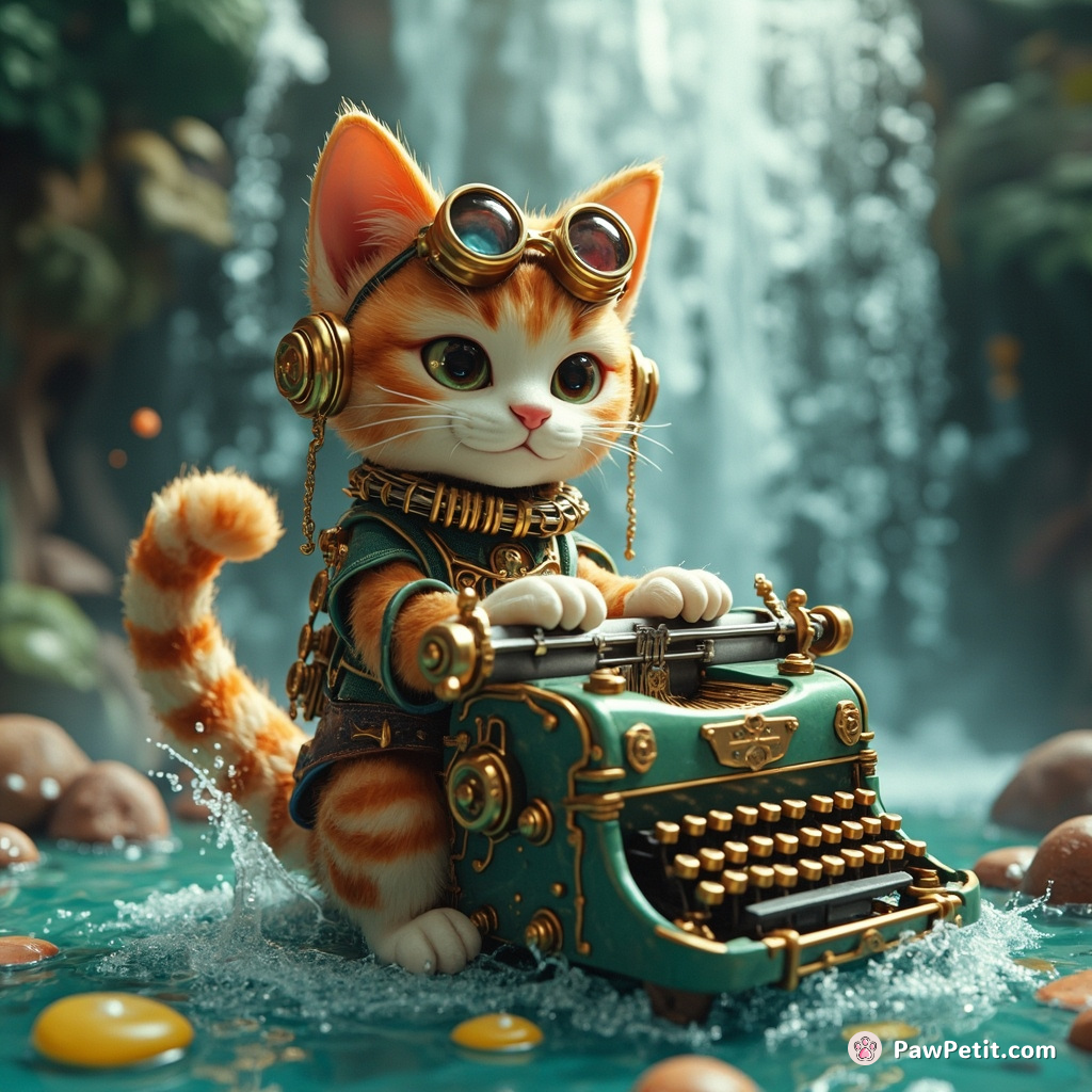 A steampunk cat typing on a typewriter made of fish bones under a reversely-flowing waterfall.