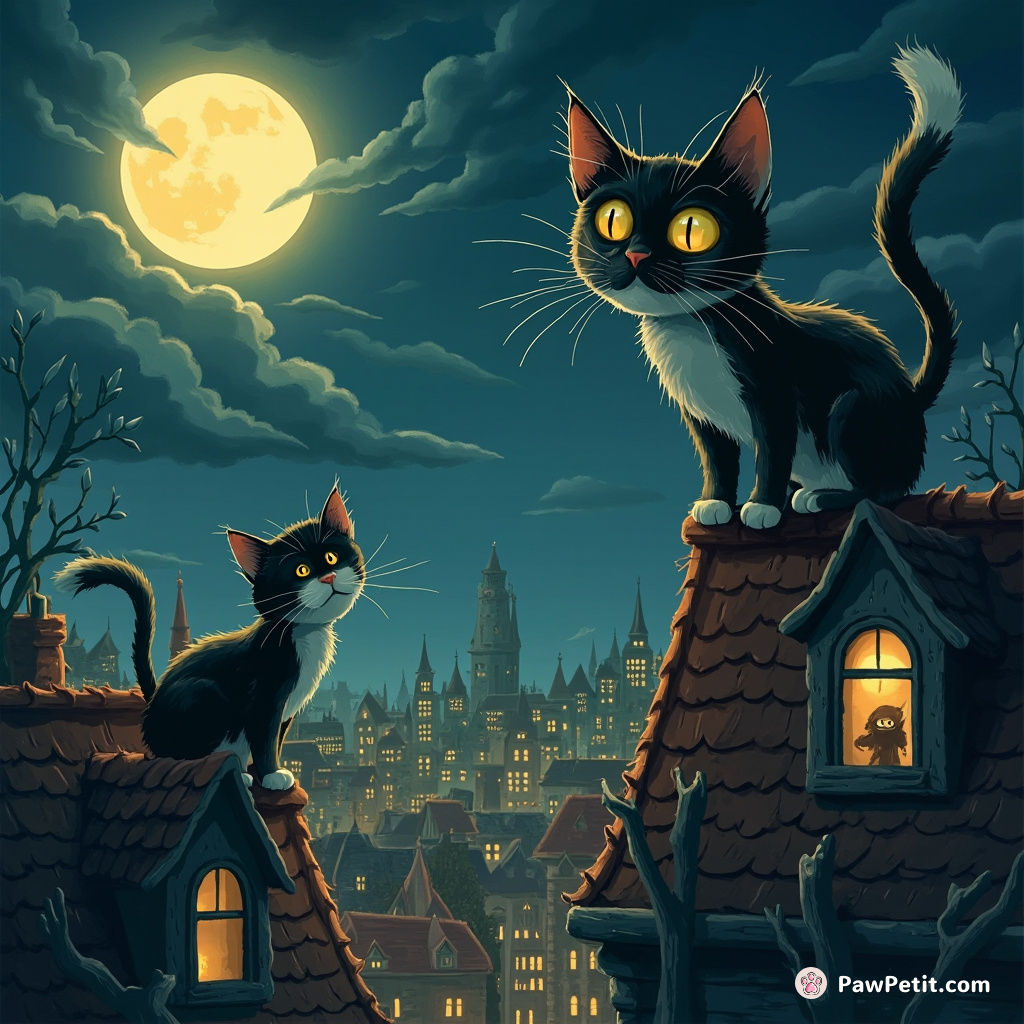 Under the moonlight, whiskers a-twitch, cats leapt onto rooftops, deftly plotting their covert collusions with oblivious humans below.