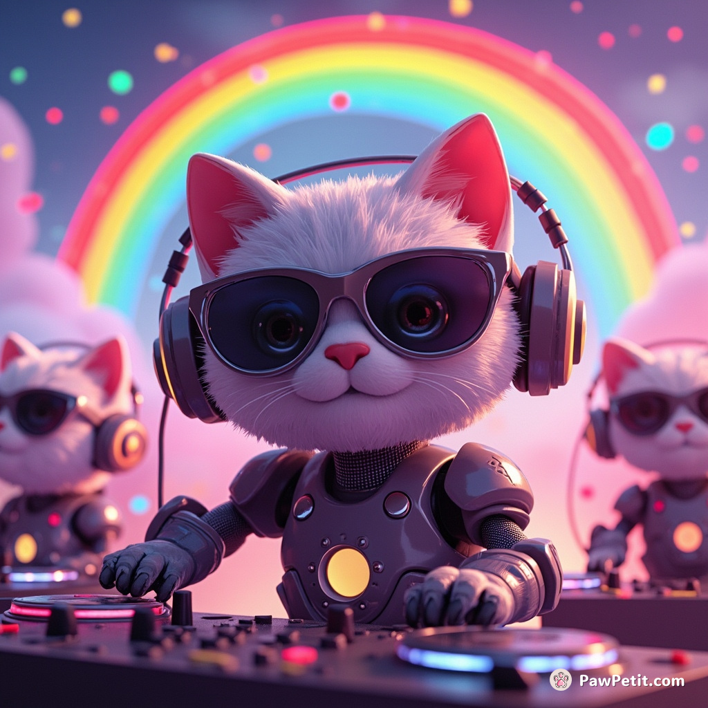 Cat DJing a party for disco robots under a rainbow-lit sky.
