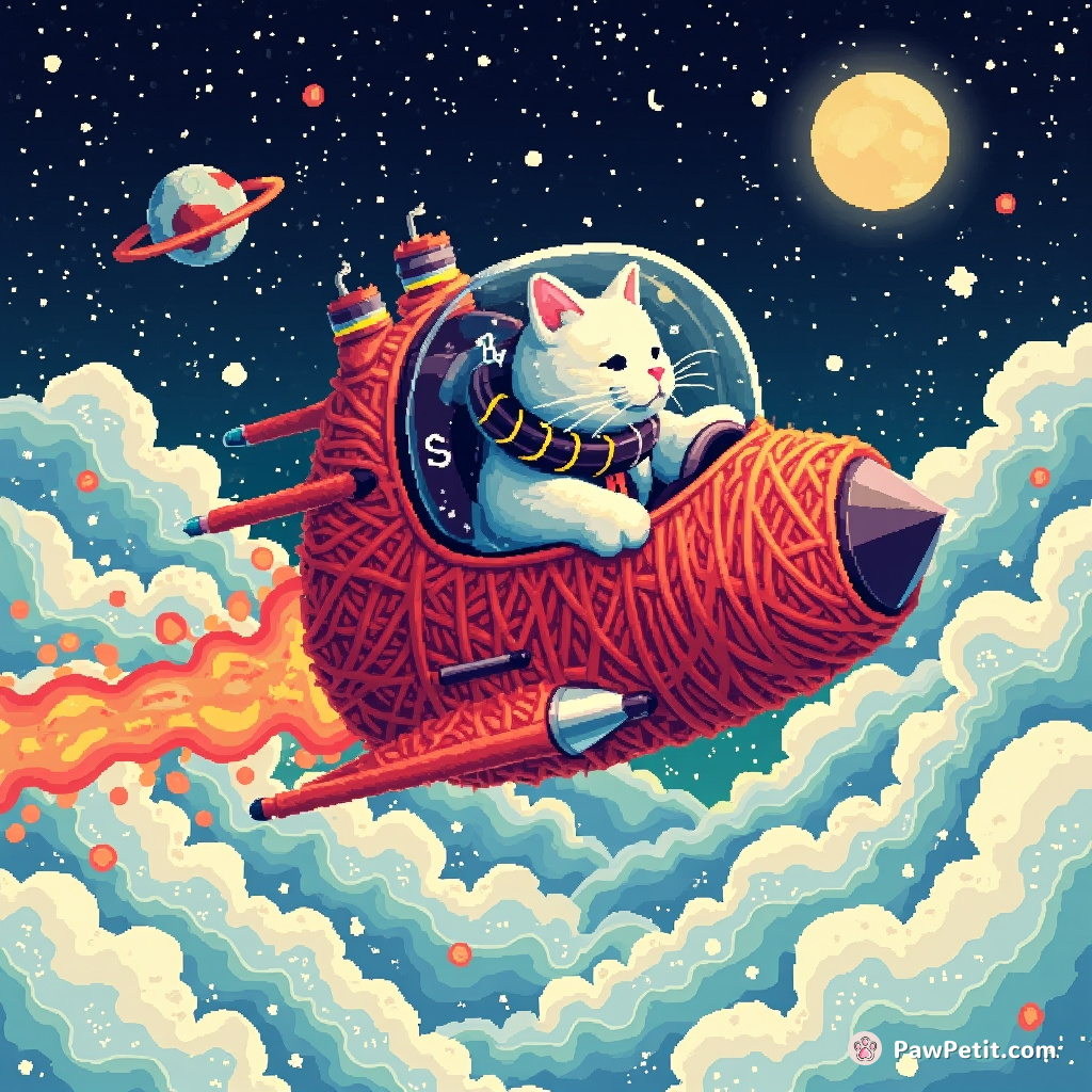 Cybernetic cat flying a spaceship made of yarn through a psychedelic ocean of milk.