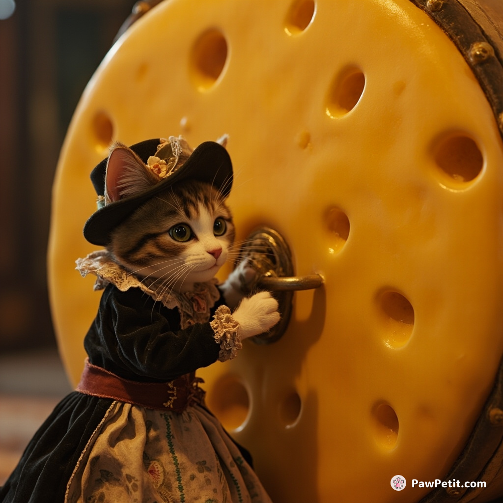 Cat attempting to pick the lock of a gigantic wheel of Swiss cheese in a Victorian-era dress.