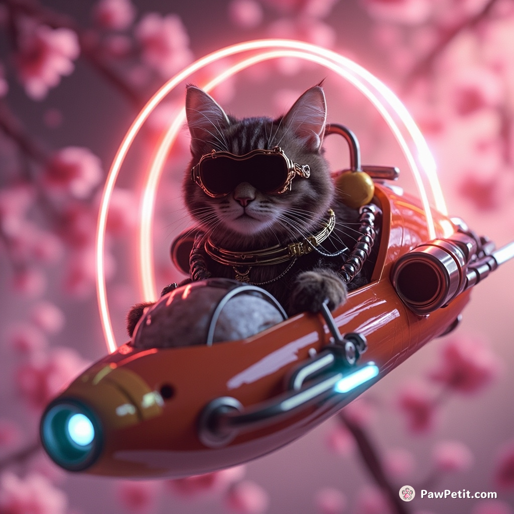 Cybernetic steampunk cat flying a sushi spaceship through neon cherry blossoms.