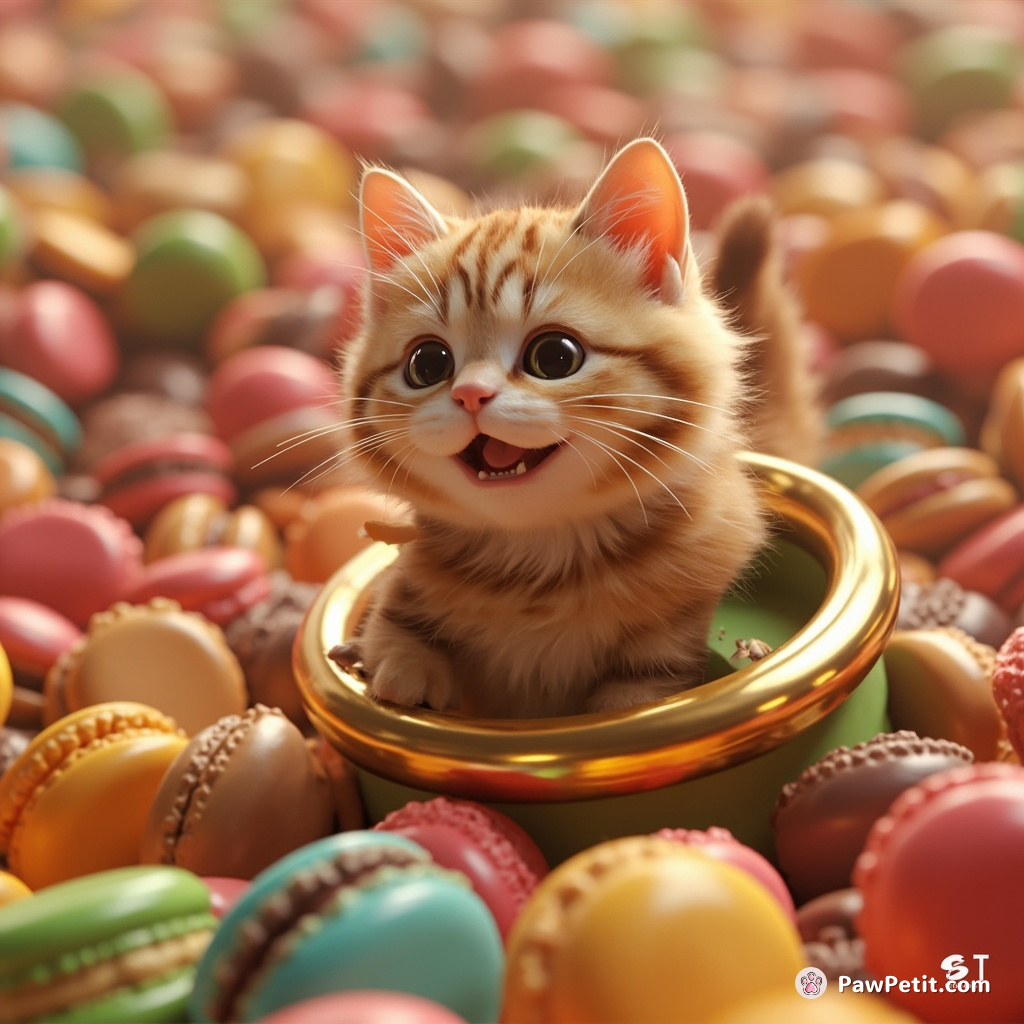 A cat catapulting itself from a tuba while being cheered on by a crowd of macarons in different colors and sizes.