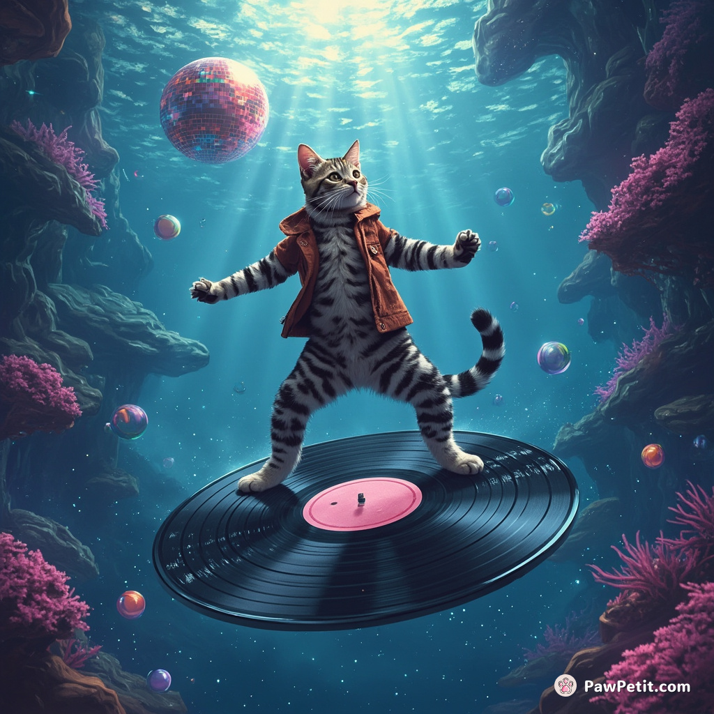 A tabby cat breakdancing on a floating vinyl record beneath a disco ball in a neon-infused underwater atlantis.