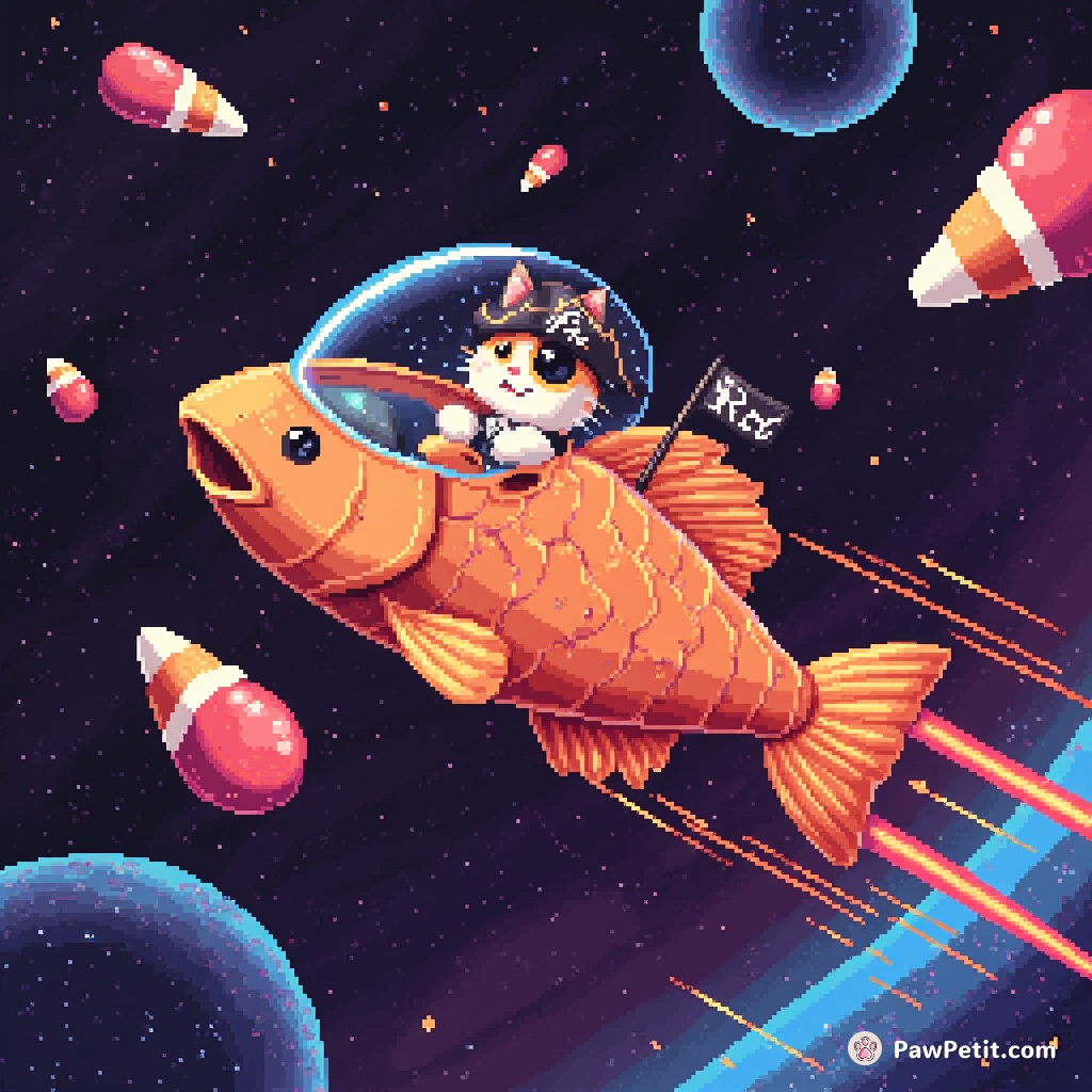 A one-eyed pirate cat steering a raw fish-shaped spaceship through a candy-corn nebula.