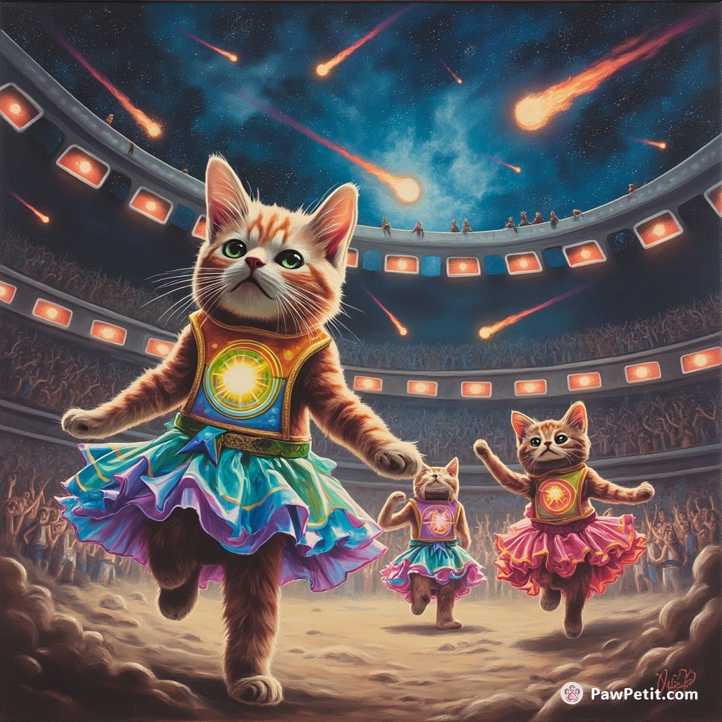 Cosmic cats wearing luminous rainbow energy armors, participate in a zero gravity intergalactic dance competition inside a coliseum made of floating wish-granting comets.