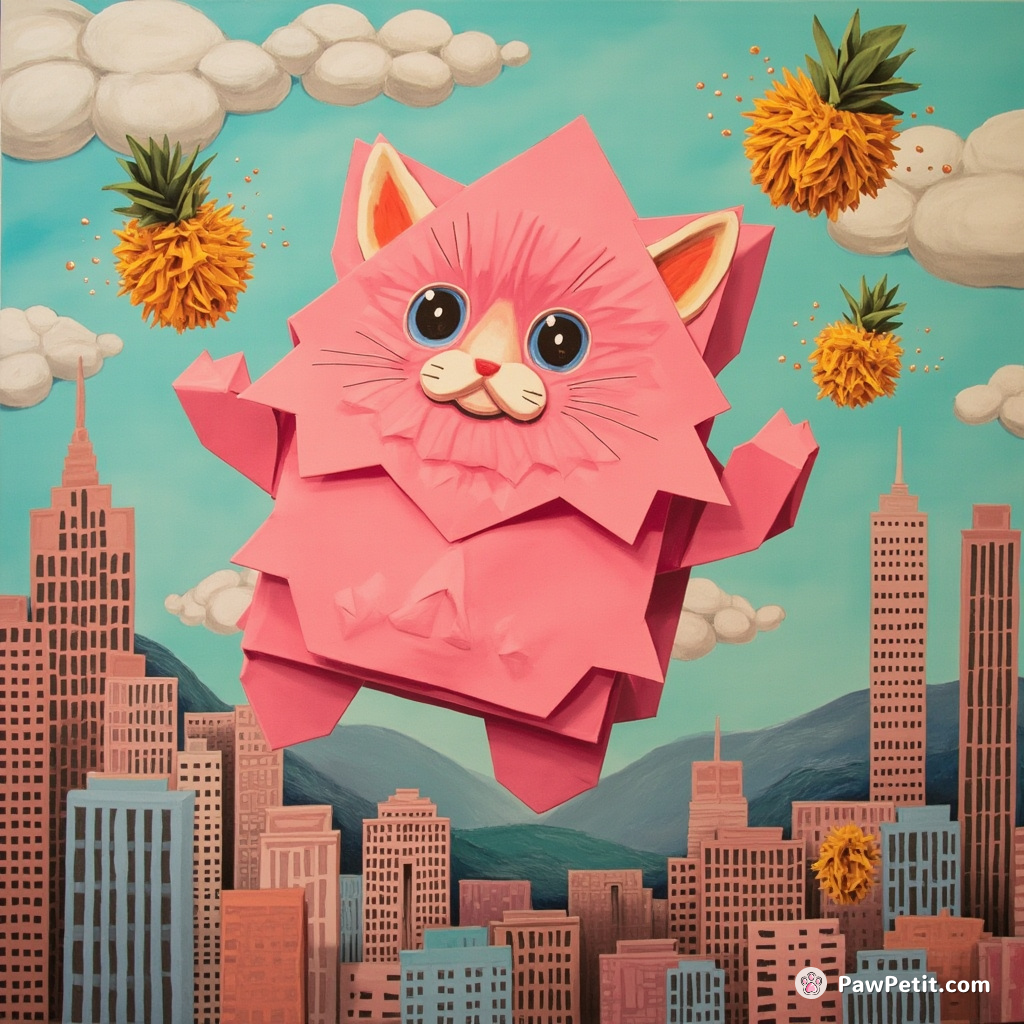 A neon-pink cat nonchalantly levitating over an origami cityscape while juggling miniature exploding pineapples.