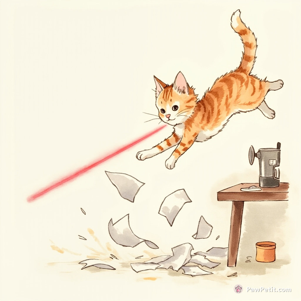 The cat leaps onto the table, sending papers flying as it chases a rogue laser pointer beam.