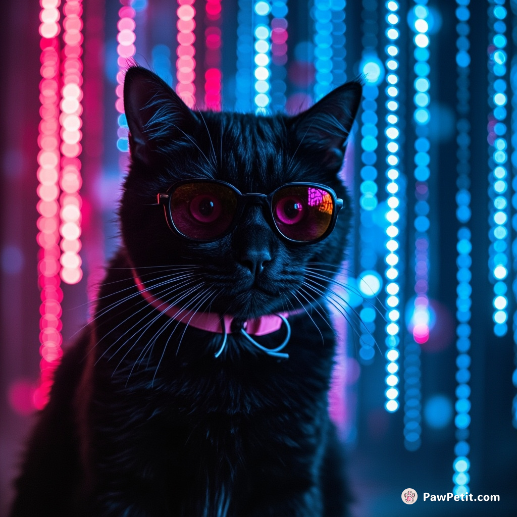 Cyberpunk noir cat cracking digital codes amidst neon matrix rainfall.
