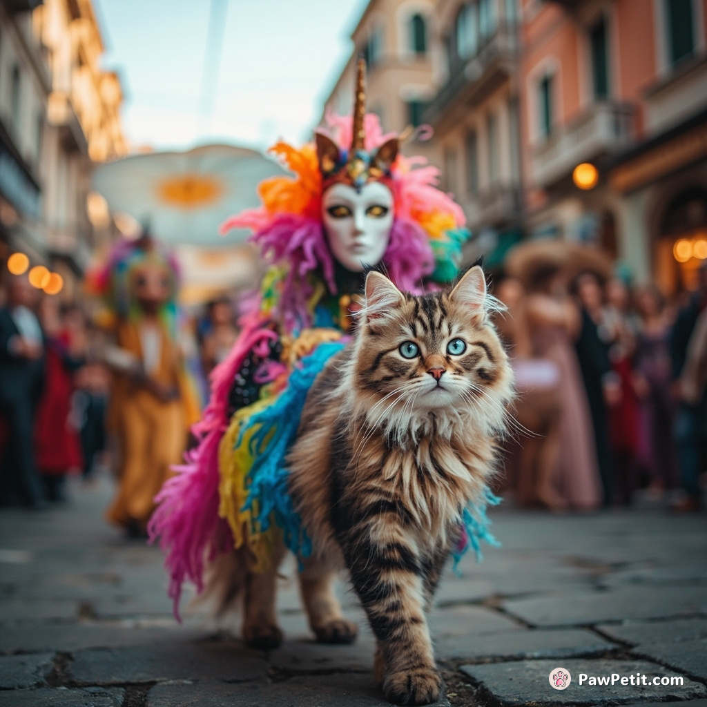 Cat leading a rainbow unicorn parade in a grand Venetian carnival setting.