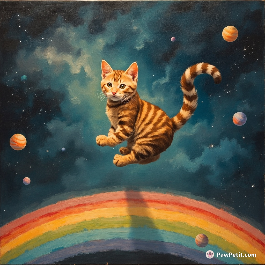 Cat pogo-sticking over a rainbow in Jupiter's storm with tiny planets orbiting around its striped tail