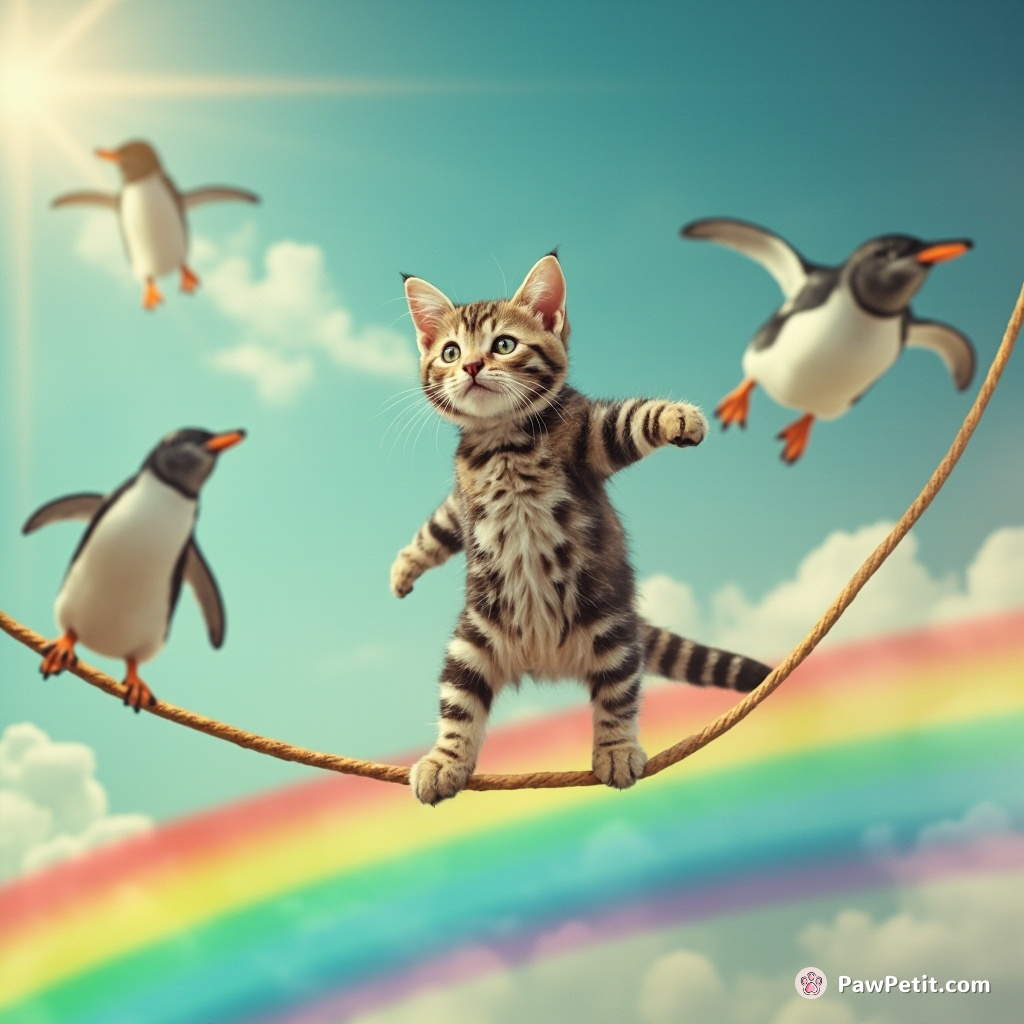 A cat practicing tightrope walking on a rainbow with fish-carrying flying penguins in the background.