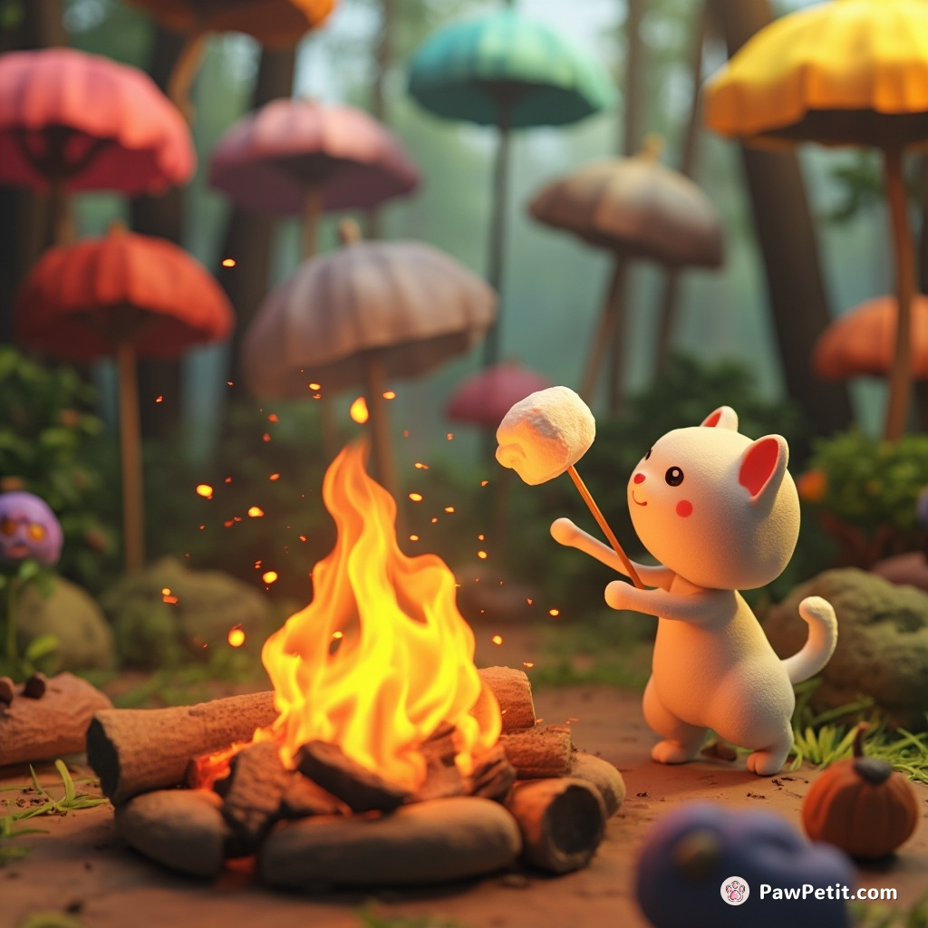 Cat marshmallow roasting on a bonfire using its tail under an umbrella forest.