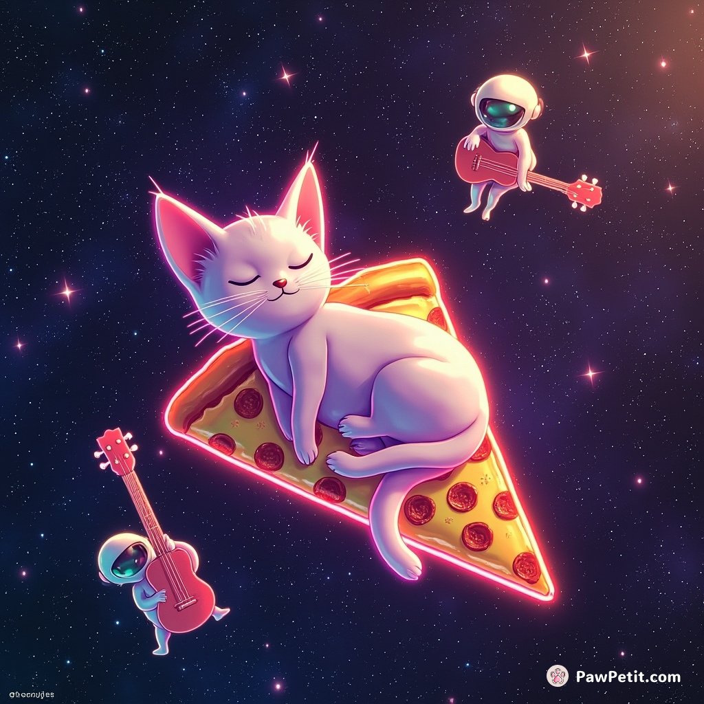 A neon cat lazily sunbathing on a slice of celestial pizza while tiny aliens serenade it with space ukuleles.