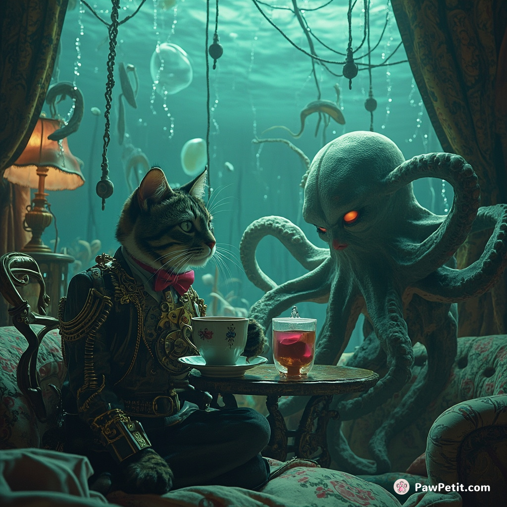 A clockwork cat sipping tea in an underwater Victorian parlour, conversing with a ghost octopus.