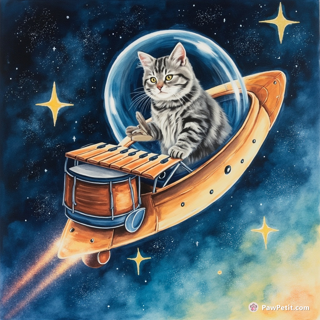 A silver tabby cat drumming on an obsidian xylophone in a spaceship rush across a neon starfield.