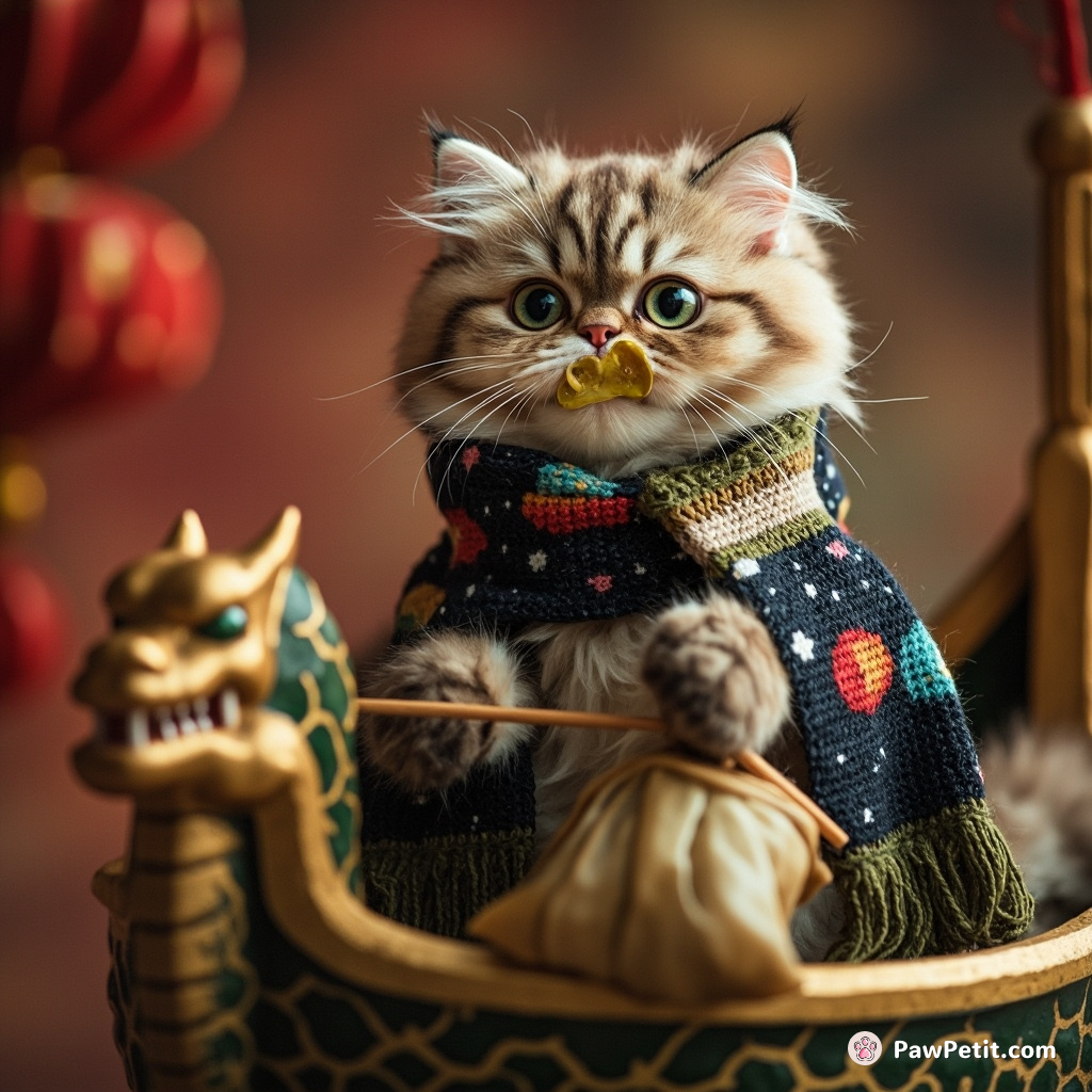 Cat sitting on a gilded dragon boat, chewing nonchalantly on a heroic-sized 粽子 (Chinese sticky rice dumpling), while knitting a cosmos-themed scarf.