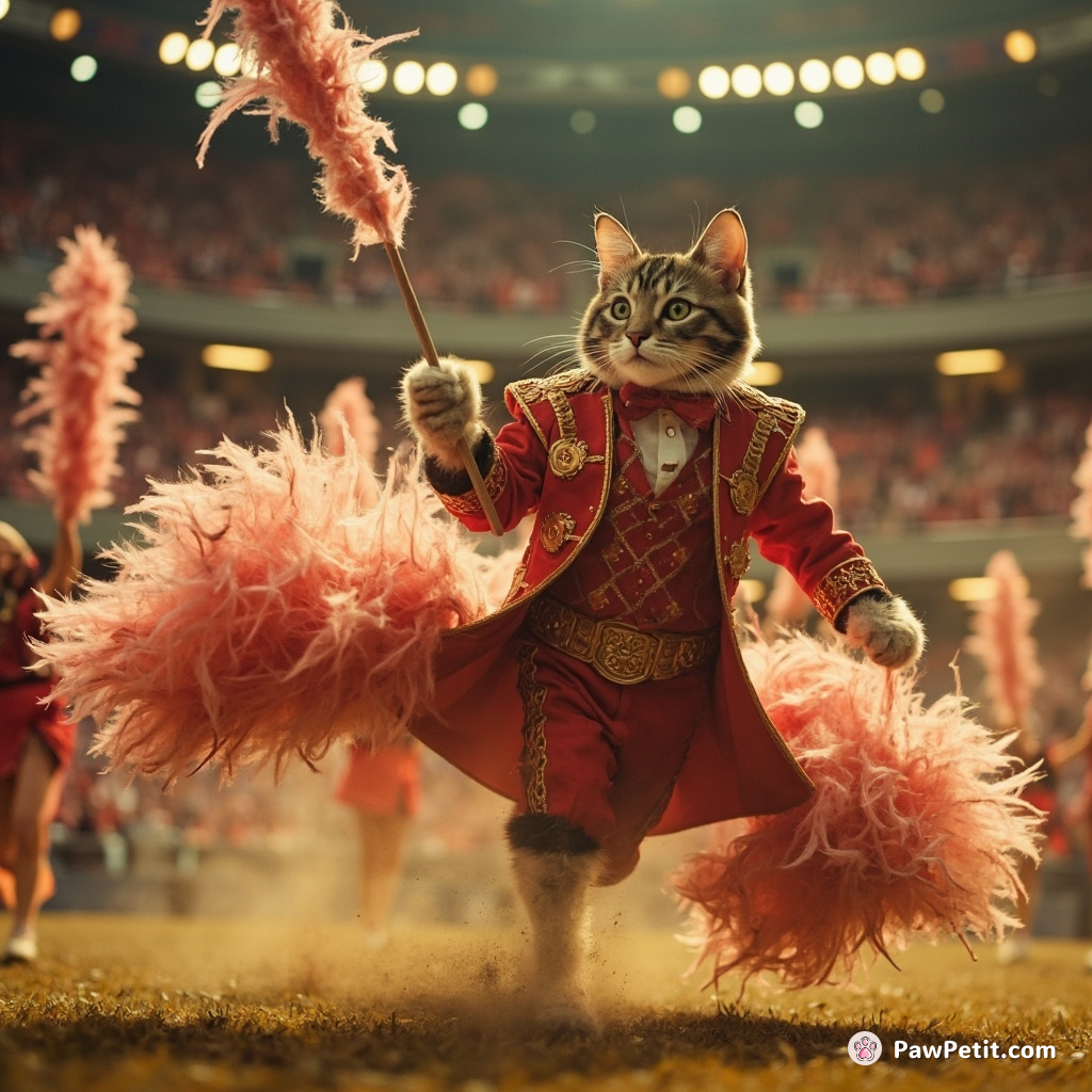 A matador cat mid-action against a dozen fluffy feather dusters in a stadium filled with cyborg mice cheerleaders.