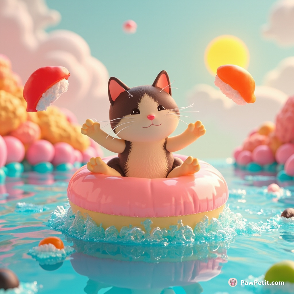A calico cat riding an inflatable peach across a carbonated lake, while juggling neon sushi.