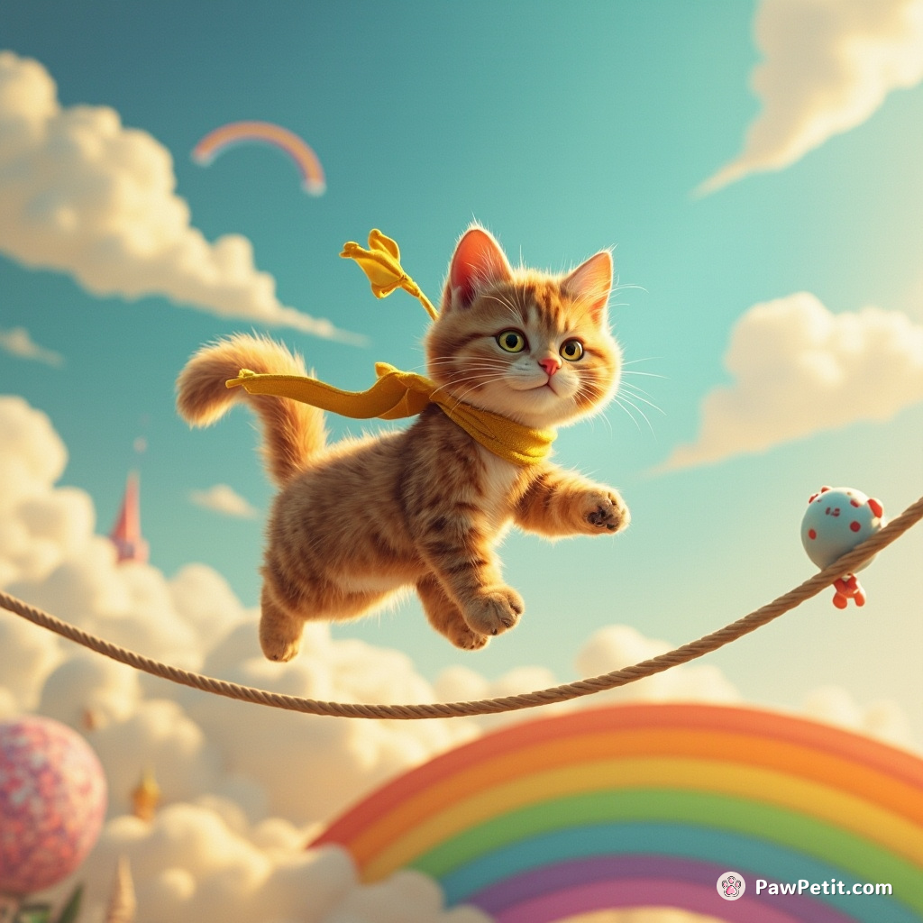 In an absurd tale, Catitch the feline bravely tightrope-walks a rainbow to negotiate with snobby cloud giants!