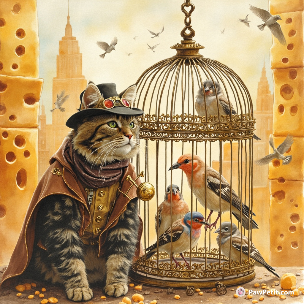 Steampunk detective cat interrogating a group of sparrows in an ornate birdcage, amidst skyscrapers made entirely of cheese.