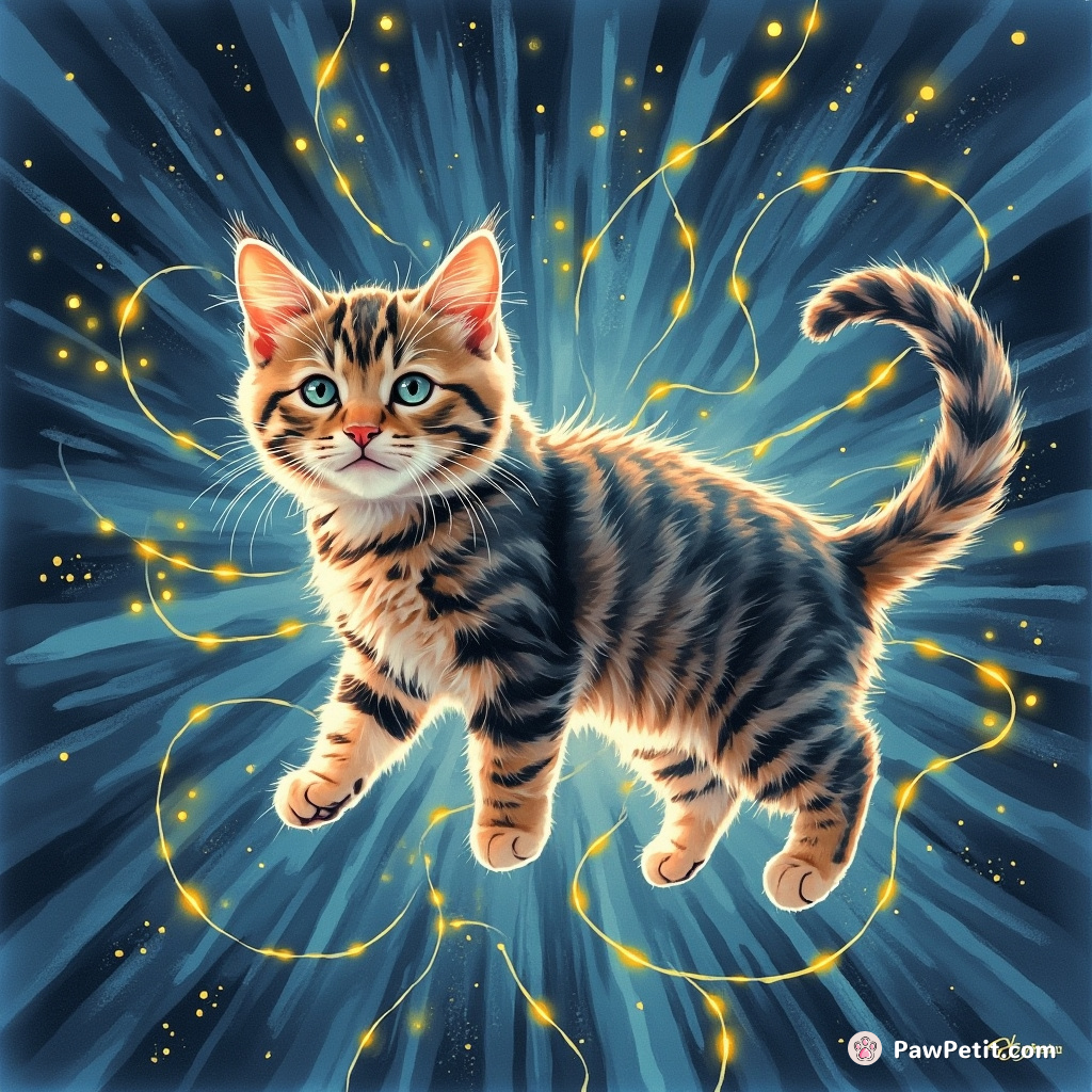 The cat weaves through glowing data streams, its fur shimmering with digital fractals.