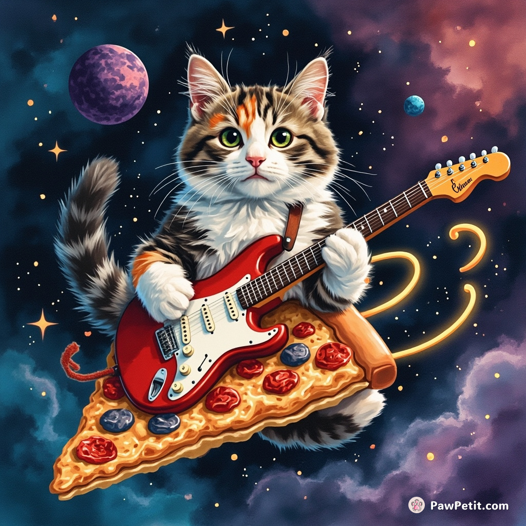A calico cat jamming on an electric guitar atop a neon pizza slice, floating through interstellar space.