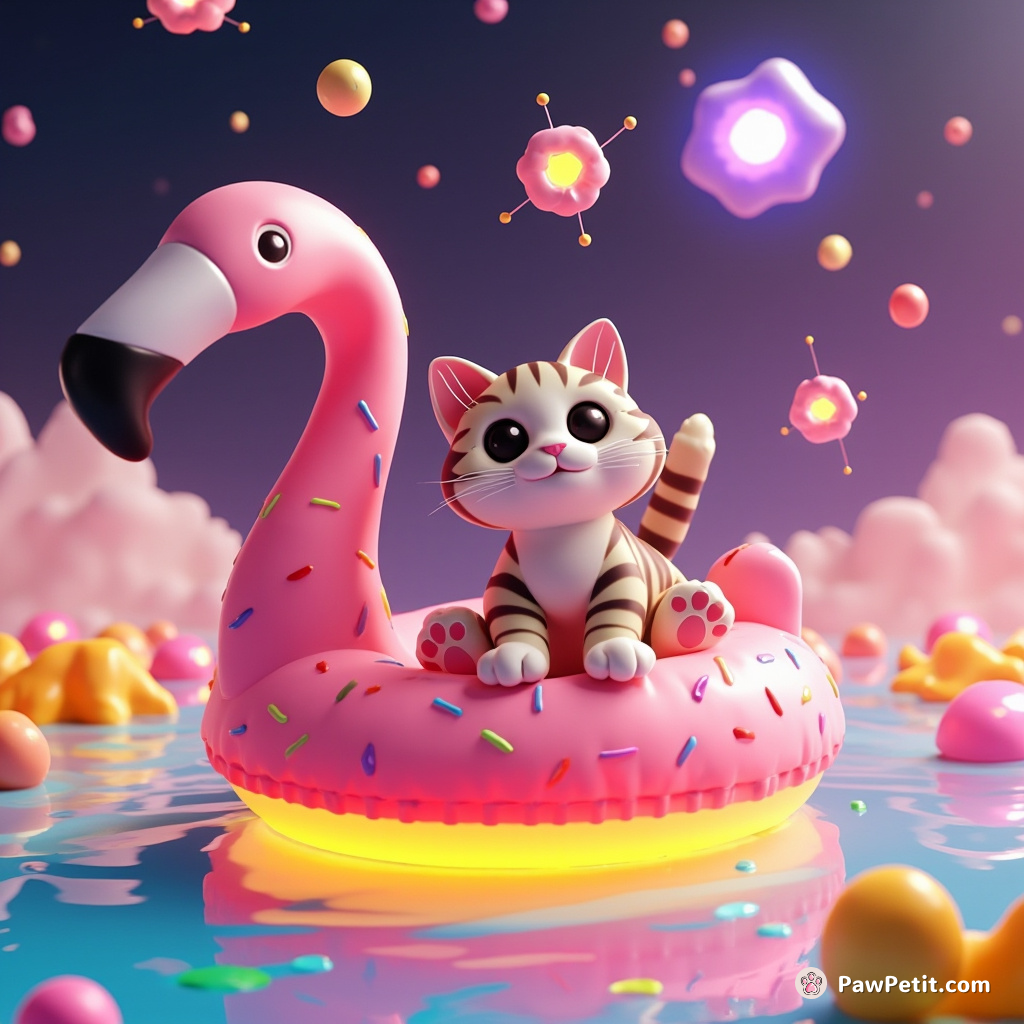 Cat gracefully balancing on a flamingo's beak in the middle of a glowing doughnut floaty, juggling miniature supernovas over an ocean of rainbow nacho cheese.