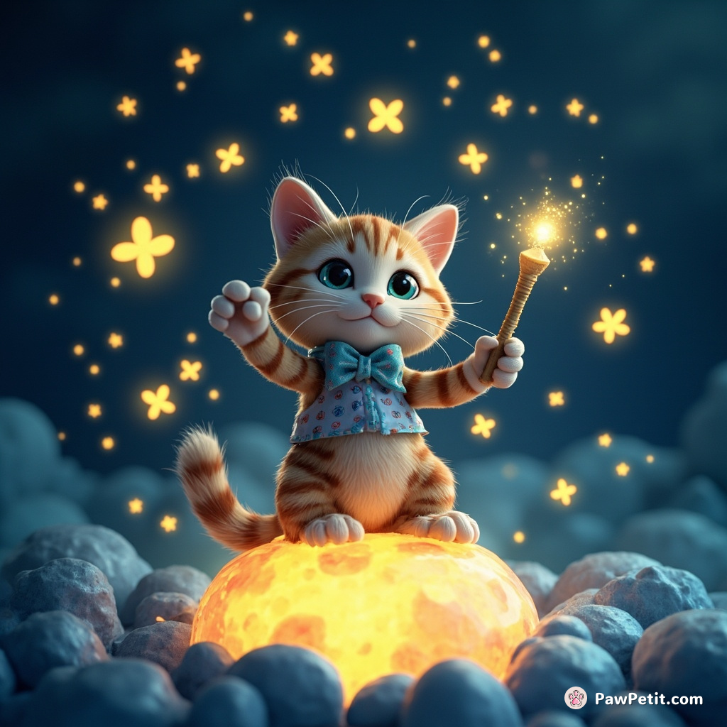 A cat conducting a symphony of fireflies with a glow-in-the-dark baton on a crystallized moon.