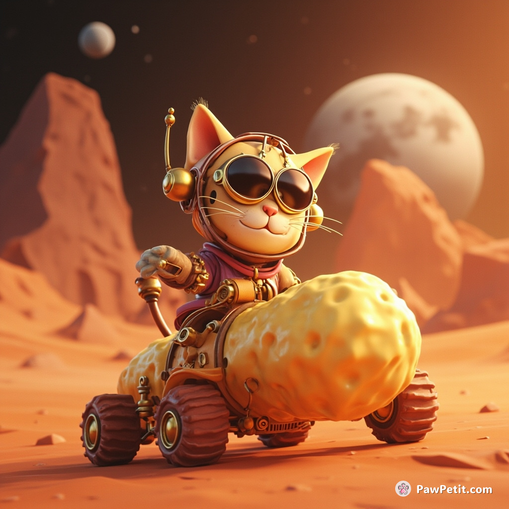 Steampunk cat conquering Mars on a crystal cheese moon rover.