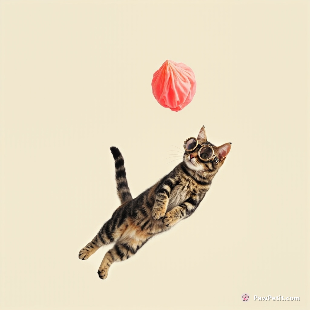 A tabby cat wearing Victorian-era goggles, tail flipping a neon pink 粽子 in zero gravity.