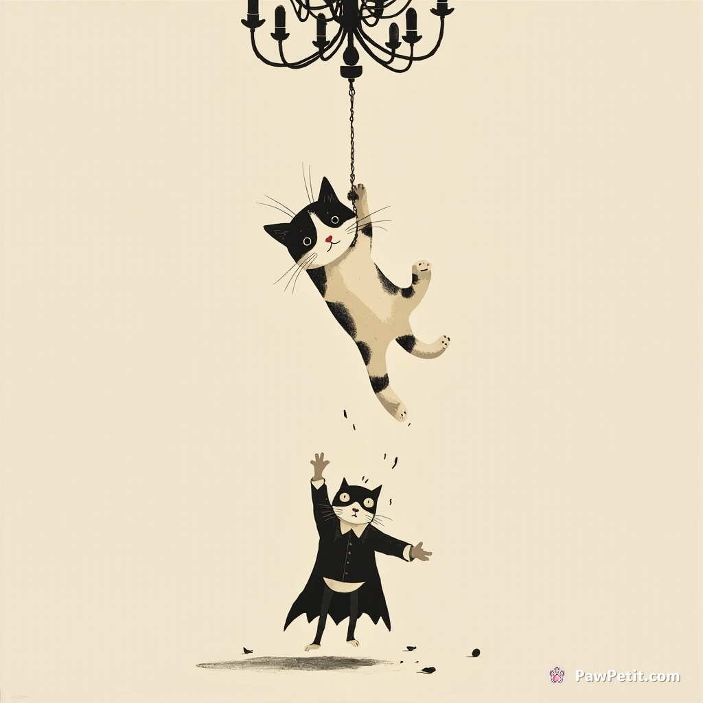 A curious cat swings on a chandelier, accidentally toppling a villain, becoming a hero by accident.