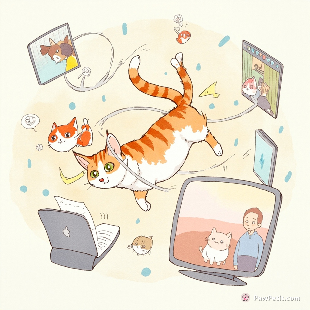 Cat scrambles frantically, ensnared in loops of activity-packed video call, changing participants' virtual backgrounds repeatedly.
