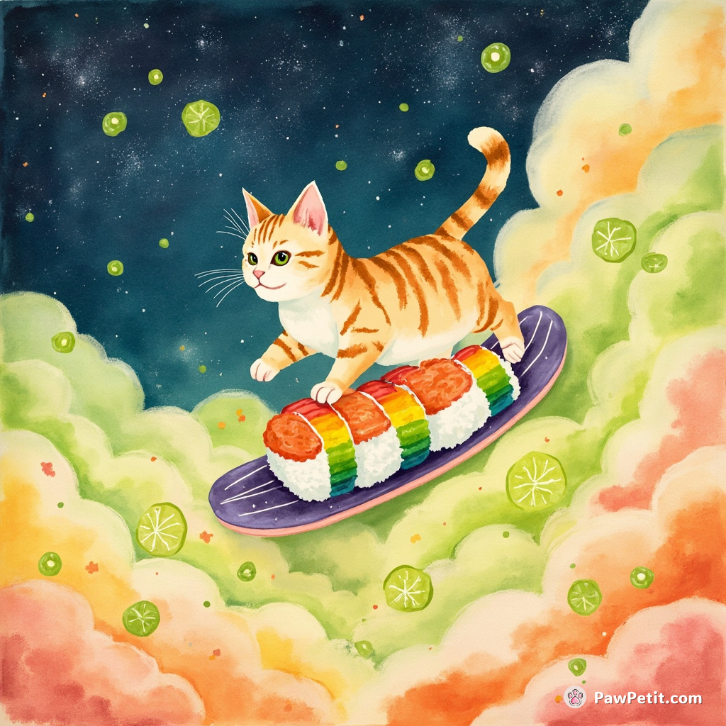 A cat surfing on a rainbow-hued sushi roll through zesty lime clouds in a galaxy of bubble tea.