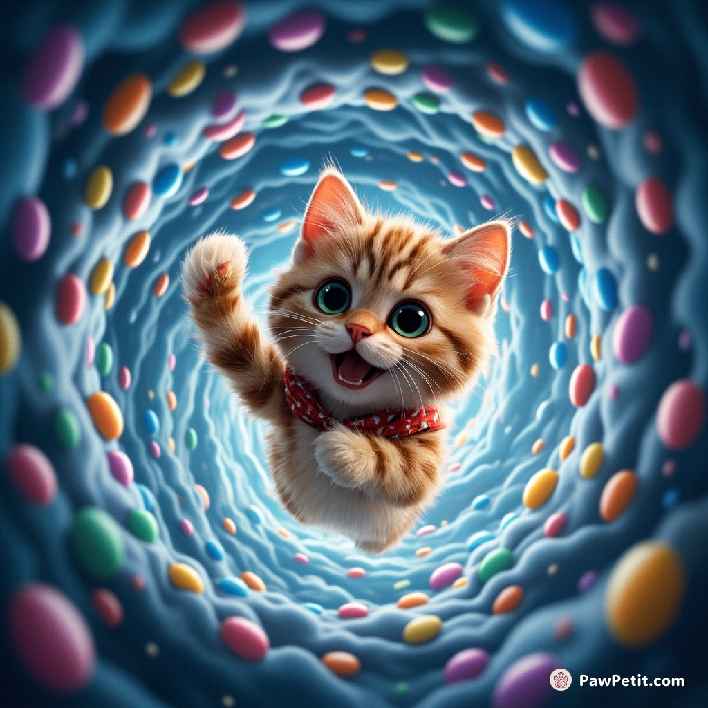 The feline hero leaps gracefully through the swirling vortex of enchanted jellybeans to rescue the moonlit kingdom.